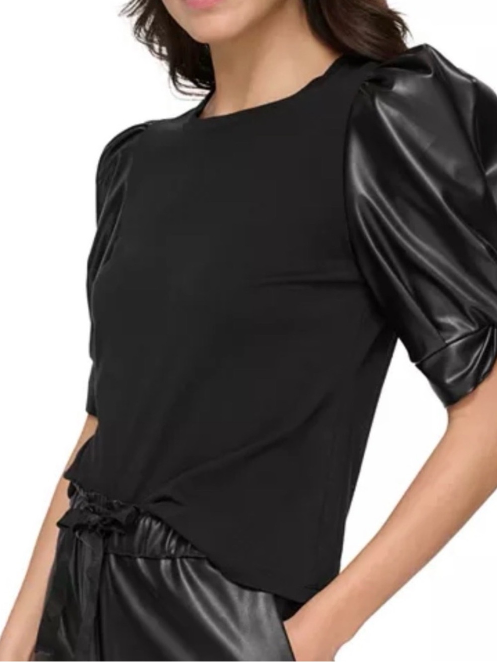 🆕 DKNY Faux Leather Sleeve Blouse Size Small